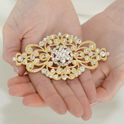 Image of Mariell Vintage Bridal Crystal Brooch Pin, 4 inch Wide, Gold Wedding Pin, Rhinestone Brooch for Brides and Wedding, Art Deco Fashion Accessory