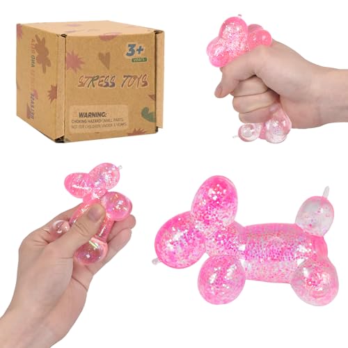 Balloon Dog Squishy Toy Stretchy Sensory Fidget Toy for Kids and Adults 1.97in Soft Stress Relief Squeeze Toy Cute Balloon Animal Desk Toy Glitter Squishy Gift(Pink)
