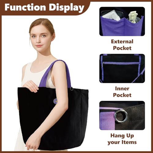 Bolso tote de lona grande para mujer, 27 L, resistente, con cremallera superior, 2 bolsillos exteriores y 1 bolsillo interior con cremallera, bolso de trabajo negro de 12 onzas con asas dobles para compras, desplazamiento diario y viajes miniatura 6