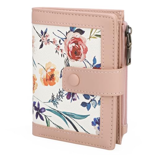 GOIACII Small Wallet for Women Mini Slim Billfold RFID Blocking Credit Card Holder Thin Compact Ladies Purse with Zipper Coin Pocket Flower Print Pink