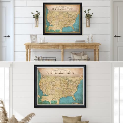 Image of DECORARTS - Personalized Push Pin Travel Map USA, Custom Name, Pin Board Canvas Wall Art, Antique Vintage Old United States Decor, Optional Wood Frame, Giclee Print, Handcrafted in USA, 20x16''