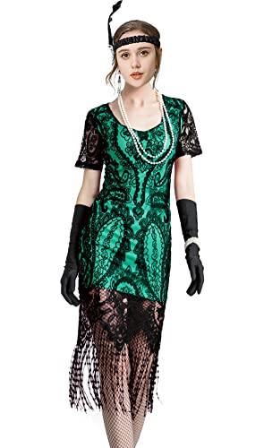 Image of Women 1920s Gatsby Flapper Dress Sexy Open Back Strap Fringed Cocktail Party Dress with 20s Accessories