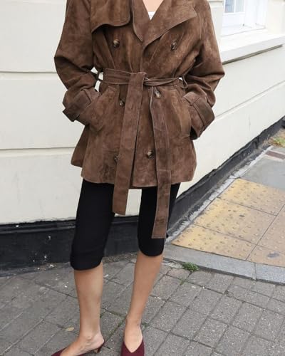 chouyatou Women Faux Suede Leather Trench Coat Double Breasted Midi Long Pea Coat Overacoat with Belt3