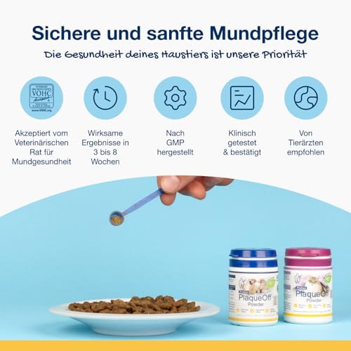 ProDen PlaqueOff Zahnpulver für Hunde & Katzen 180 g, Zahnputzflocken Hund, Hunde Zahnpflege bei Plaque und für frischen Atem, Zahnreinigung Hund für Maulgeruch und Zahnstein