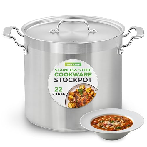 NutriChef Stainless Steel Stock Pot with Lid, 22 L Big Stockpots for Stew, Soup, Pasta, Meat- Induction Ready, Large Cooking Pot with Ergonomic Handles