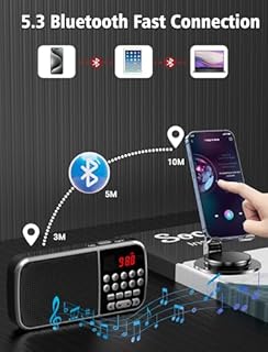 Digital AM FM Radio with Bluetooth 5.3,Small Transistor Radio with Best Reception,2000mAh Rechargeable Battery Operated with 5W Speaker,TF Card USB MP3 Playback,3.5mm Earphone Jack,Flashlight