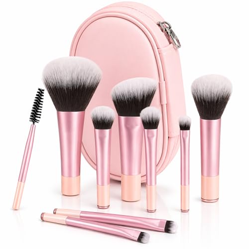 Kit Mini Pincéis de Maquiagem 10 Peças Travel Size com Nécessaire - Cerdas Macias para Make Completa - Rosa