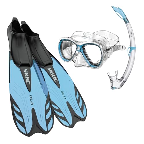 SEAC Set Tris Snorkeling, Aletas ala, Máscara Elba, Snorkel Tribe Apto para Snorkel y Buceo recreativo para Adultos y niños, Unisex, 34/35