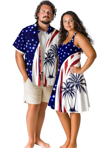Image of ROSE GAL Matchable Couple Hawaiian Coconut Tree Print Shirt or Plus Size Knee Length Fit and Flare Tank Dress