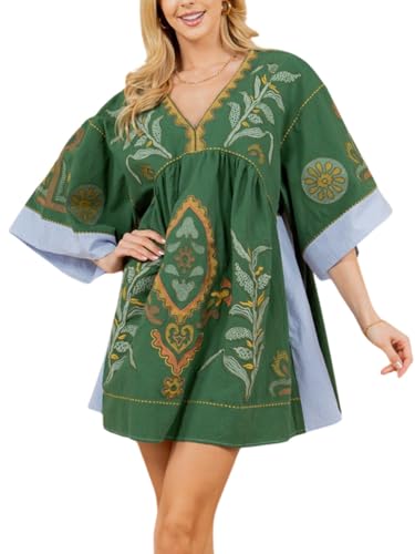 Image of Joiemont Womens Oversized Embroidered Dress with V-Neck and 3 /4 Sleeves Vintage Embroidery Babydoll Dress
