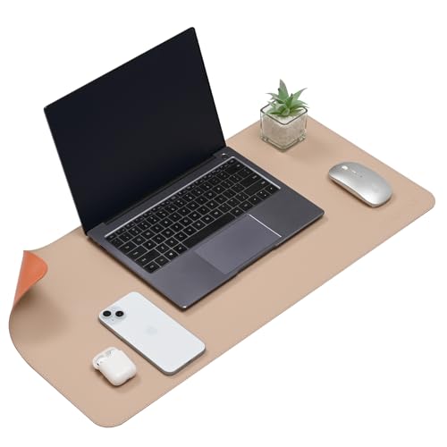 Image of AROPANA Vegan Leather Desk Mat | Large Reversible Mouse Pad & Computer Table Protector | Dual-Side Waterproof Extended Laptop Pad with Edge-Stitched Design (70x35CM, Apricot and Orange)