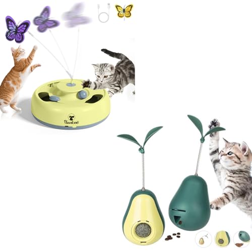 Pawaboo Automatisches Interaktives Katzenspielzeug, Kätzchenspielzeug mit Flatternden Schmetterlingen, Fährtenball und Zufällig Versteckter Maus, Katzen Spielen Training, Gelb