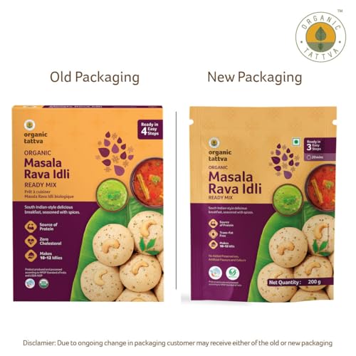 Image of Organic Tattva Masala Rava Idli Instant Mix 200g, Ready in 4 Steps, 4 Pack | Source of Protein, No Artificial Preservatives, No Cholesterol & Trans Fat, Ideal for Quick Breakfast Meals & Snacks