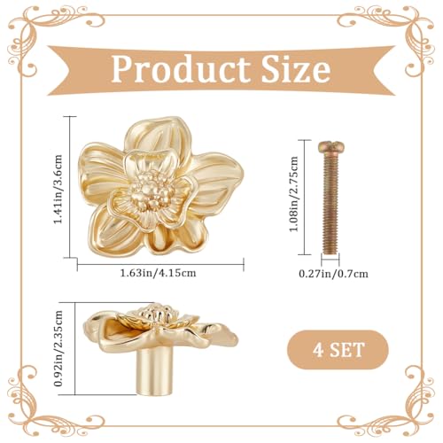 CREATCABIN 4 Sets Gold Flower Drawer Knobs Metal Cabinet Knobs Dresser Handles Vintage Wardrobe Door Cupboard Drawer Furniture Accessory Pulls Handles for Kitchen Bedroom Living Room 1.41x1.63x0.92 in - Image 2