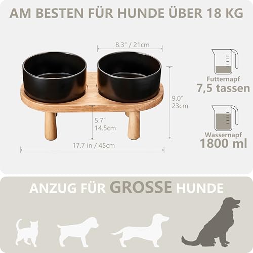 MOPANG Hundenapf Erhöht für Große Hund, Hundenapf Keramik mit Holzständer, Futternapf- und Wassernapf-Set für Hunde, 1800 ml, Dunkelgrau