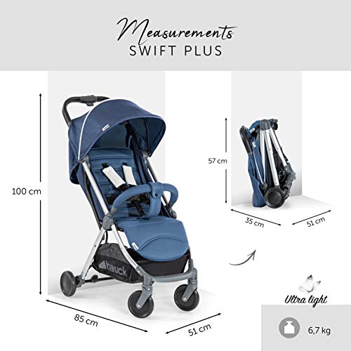Hauck Reise Buggy Swift Plus / Ultra Leicht / Einhändig Faltbar / Super Kompaktes Klappmaß / mit Liegeposition / Belastbar bis 18 kg / Großer Korb / Denim Blau
