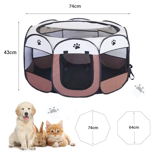 Welpenauslauf 74x74x43cm, BRIMOREA Katzenkäfig Hundekäfig für zuhause, Gitterbox Hund Wurfbox für Katzen Kaninchenstall innen Katzengehege Balkon Katzenkäfig für Draußen Hasen Auslauf(Braun)