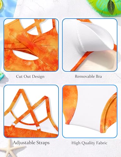 Image of Girl Swimsuit One Piece Cutout Ruched Bathing Suit for Girls Color Block Adjustable Straps Pad Swimwear 9-18y
