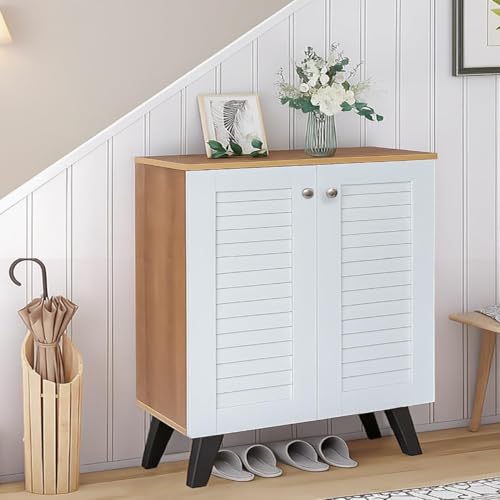 Image of Mevigo Wooden Shoe Rack Cabinet for Entryway - Modern 2 Door 4-Tier Storage Organizer, Wooden Cupboard for Home, Space Saving Shoe Rack Wallnut Shoes Storage Cabinet -White-VB1