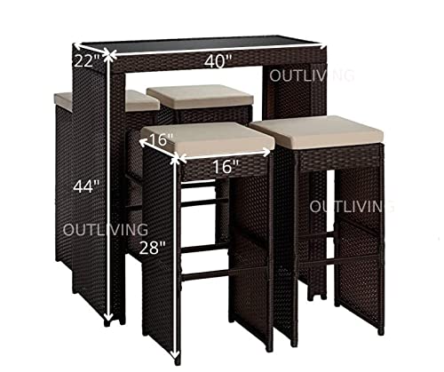Image of OUTLIVING Rattan Wicker Outdoor Bar Patio Table with 4 Chairs Set for Home Graden Balcony 4 Seater High Bar Patio Furniture Table and Chairs -(Cream Cushion, Brown)