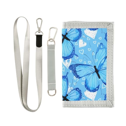Blue Butterflies Blue Kids Wallet for Boys Girls Trifold Sport Outdoor Wallets for Teen Children Youth Wallet with Zippered Coin Pockets Card Holders Front Pocket Wallets with Magic Sticker