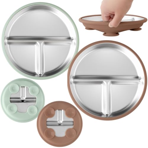 Image of TOTS GROUND Stainless Steel Baby & Toddler Plate with Suction, Set of 2 Divided Plates with Removable Silicone Sleeves, Non Toxic BPA Free Non-Slip Unbreakable Kids Dishes (Mocha Mousse & Sage Green)