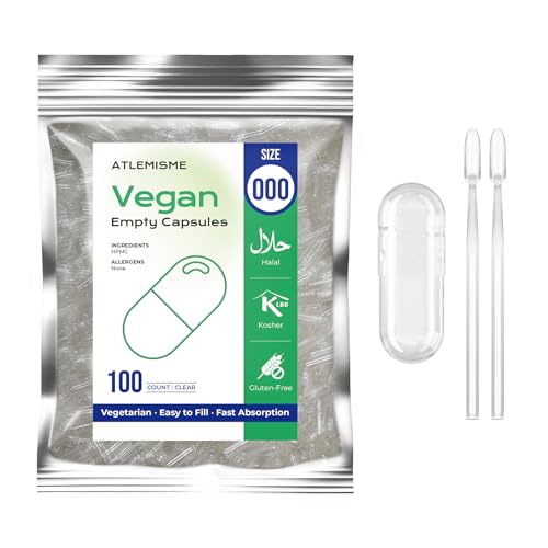 ATLEMISME Gélules Vides Végétales Taille 000 - Lot de 100 avec 2 Cuillères - Sans Gélatine - Gélules Faciles à Remplir et à Dissoudre Rapidement -...