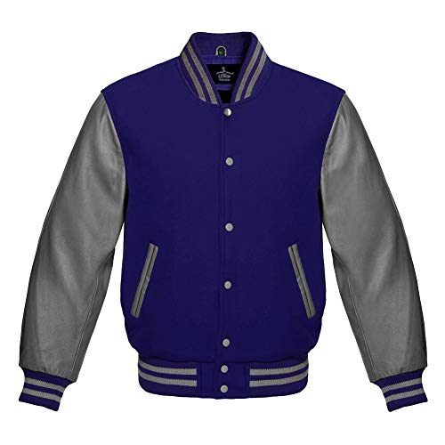 Lishow Fashion Varsity Jacket Baseball Letterman Bomber Wool & Grey Genuine leather sleeves (as1, alpha, m, regular, regular, Navy Blue)