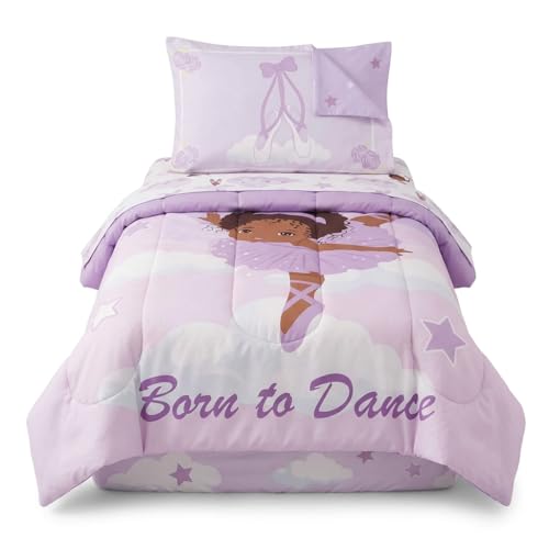 Image of EVERYDAY KIDS 4 Piece Toddler Bedding Set - African American Ballerina - Includes Comforter, Flat Sheet, Fitted Sheet and Reversible Pillowcase - Girls Toddler Bedding
