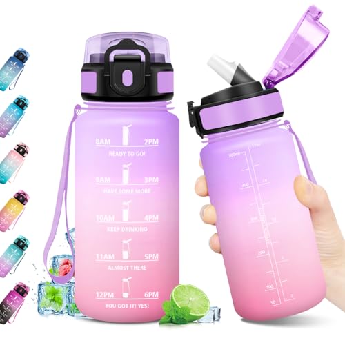 KollyKolla Trinkflasche 500ml, Sportflasche, Auslaufsicher, Trinkflasche mit Strohhalm, Wasserflasche mit Zeitmarkierung für Fitness… – Ansicht 1