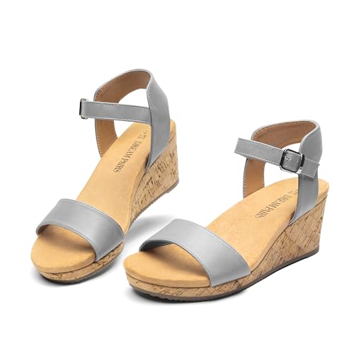 DREAM PAIRS DREAM PAIRS Women's Open Toe Buckle Ankle Strap Platform Wedge Sandals for Women Summer Dressy Shoes,Size 9,Grey/Pu,NINI-8