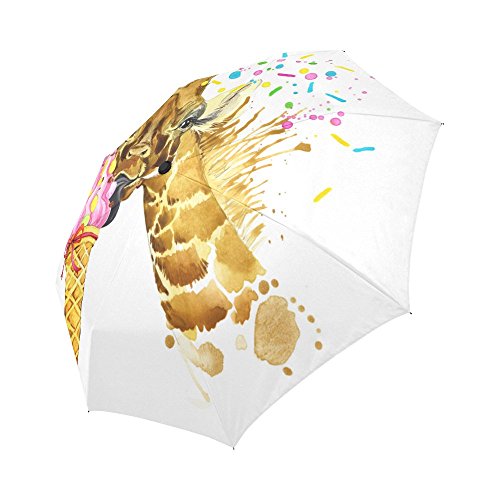 Interestprint Giraffe Eating Ice Cream Windproof Automatic Open And Close Folding Umbrella,Watercolor Painting Travel Lightweight Outdoor Umbrella Rain And Sun #TOP1