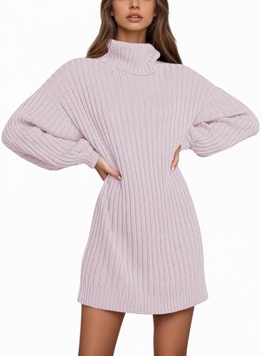 Saodimallsu Damen Strickkleid Langarm Rollkragenpullover Kleid Oversized Laternenärmeln Minikleid Casual Einfarbig Pullover Herbst Winter Hellrosa S
