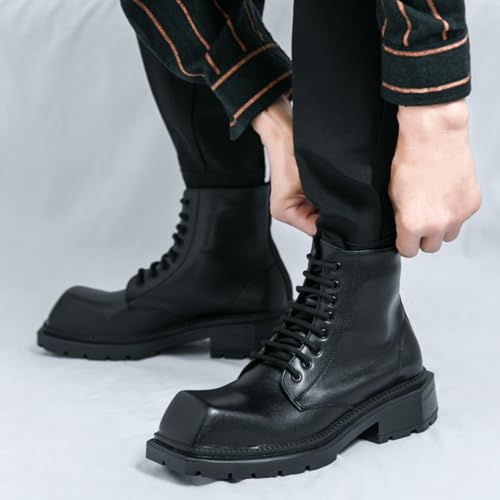 Mens Retro Leather Lace-Up Chunky Heels Chukka Ankle Boots Casual High-Top Non-Slip Square Toe Dress Shoes for Walking Formal Business3
