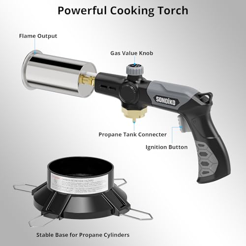 Image of Sondiko Powerful Grill & Cooking Propane Torch L8010 with Gas Cylinder Stand Base, Sous Vide, Campfire Starter, Adjustable Wood Torch Burner for Searing Steak, BBQ, Welding (Propane Tank Not Included)