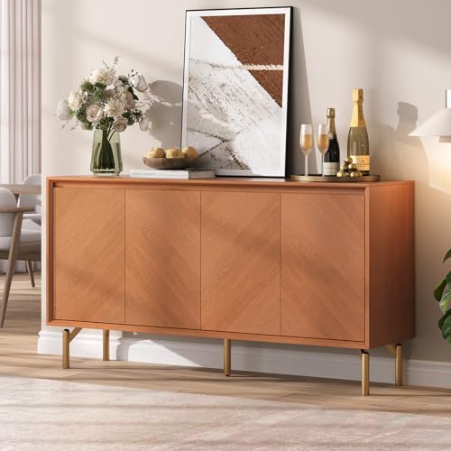 Image of 59 inch Sideboard Buffet Cabinet with Storage, Mid Century Modern Accent Cabinet with Herringbone Doors & Adjustable Shelves, Decorative Media Console Credenza for Living Room Kitchen Entryway, Red Walnut