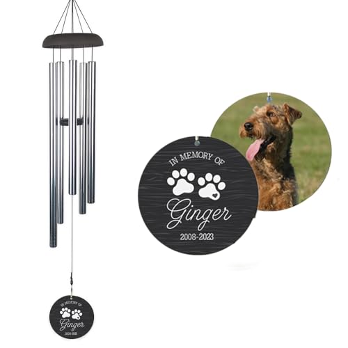 Paw Prints with Heart and Photo Personalized Pet Memorial Wind Chime, Measures 30", Custom Wind Chime, Personalized Sympathy Gift for Loss of Loved One