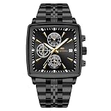 Mens Fashion Square Chronograph Quartz Watch Date Calendar Luminous Waterproof Business Dress Wristwatch Black Blue (Black Gold)