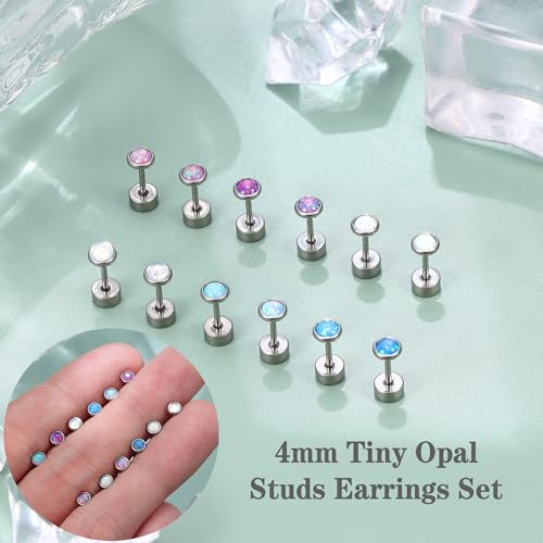 FIBO STEEL G23 Titanium Flat Back Earrings for Women Men Hypoallergenic Opal CZ Ball Tiny Studs Earrings Set for Multiple Piercings Cartilage Helix Tragus Flatback Earrings 6 Pairs 2mm/4mm4