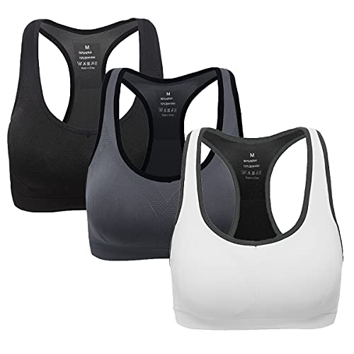 ANGOOL Damen Komfort Klassische Racerback Sport BH Top Fuer Yoga Fitness-Training, Schwarz + Grau + Weiß, XL Fit 85DD 90D 90DD 95BC 95D