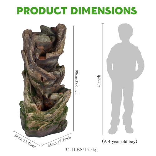Image of Driftwood Rock Outdoor Water Fountain, Resin with LED, 38.6 in | Cascading waterfall, mimics driftwood & river rock, fitted with pump, indoor & outdoor decor for garden, patio and yard