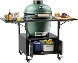 Yestar Outdoor Grill Table For Large Green Egg & Kamado Joe Jr – Heavy-duty Metal Grill Stand With 2 Folding Panels, Storage Doors & Side Shelves (Black)