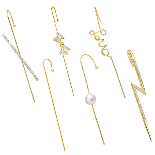 6 Pcs Gold Zirconia Cuff Earrings Set Ear Cuff Wrap Crawler Hook Earrings Crystal CZ Pins Cuff Earrings