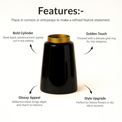 Image of Market99 Metal Flower Holder | Vase, Plant Pot, Black Cylindrical Vase with Gold Ring Design & Glossy Texture | Home Decor Accent for Living Room, Office, Table Centerpiece & Gifting