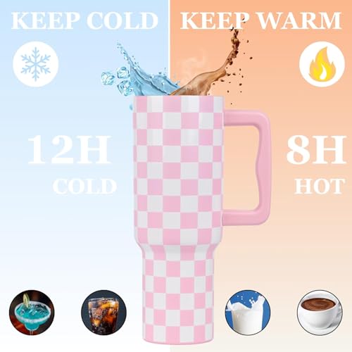 Image of Tumbler with lid and Straw 1200ML Cup Stainless Steel Insulated Cup for Water, Iced Tea or Coffee 1.2L Office Gym Travelling; Tumbler with Straw. (40-Oz-Pink Checks)
