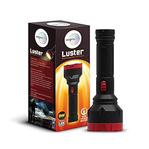 wipro Luster 3W Led Bright Rechargeable Torch (Pack of 1, Red and Black, ABS)