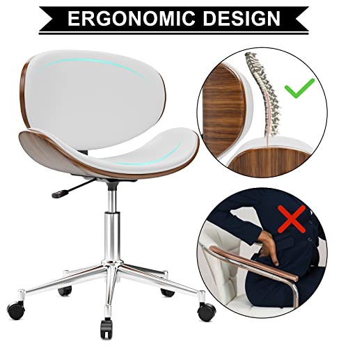 Okakopa White Desk Chair Small Office Chair 360° Swivel Height Adjustable Modern Office Chair Ergonomic Curved Wood Desk Chairs Leather Armless Desk Chair With Wheels (White) #TOP6