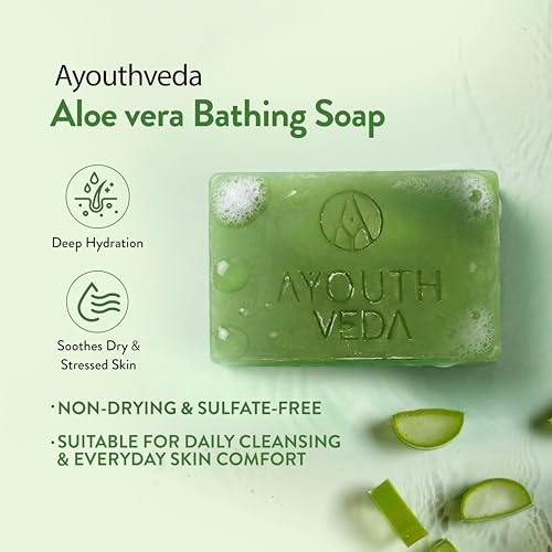 Image of Ayouthveda Aloe vera Soap with Aloe Extracts & Menthol for Gentle Cleansing, Hydration & Skin Comfort | Helps Soothe Irritation, Improve Texture & Maintain Moisture Balance | Refreshing, Non-Drying & Daily Use Bathing Bar | Suitable for Face & Body | 100g (Pack of 4)