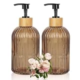 Ulable Amber Glass Soap Dispenser with Pump, 2 Pack 13.5oz Vertical Stripe Design Hand Soap Dispenser for Hand Wash, Dish Wash, Elegant Dispenser for Bathroom and Kitchen