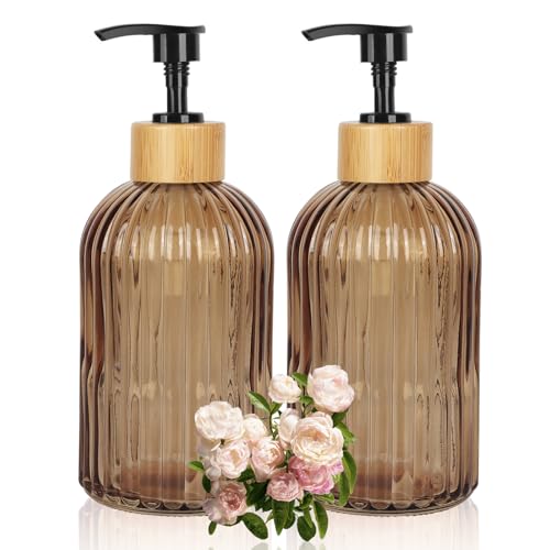 Ulable Amber Glass Soap Dispenser with Pump, 2 Pack 13.5oz Vertical Stripe Design Hand Soap Dispenser for Hand Wash, Dish Wash, Elegant Dispenser for Bathroom and Kitchen by Ulable - Used condition - US$15.30